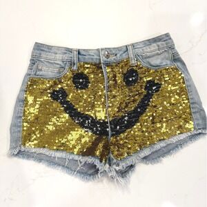 Litz By Uniq Smiley Face Sequin Denim Cutoff Shorts Size 26 Light Wash